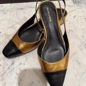 Veronica Beard Cecile Leather Cap-Toe Slingback (Gold/Black)